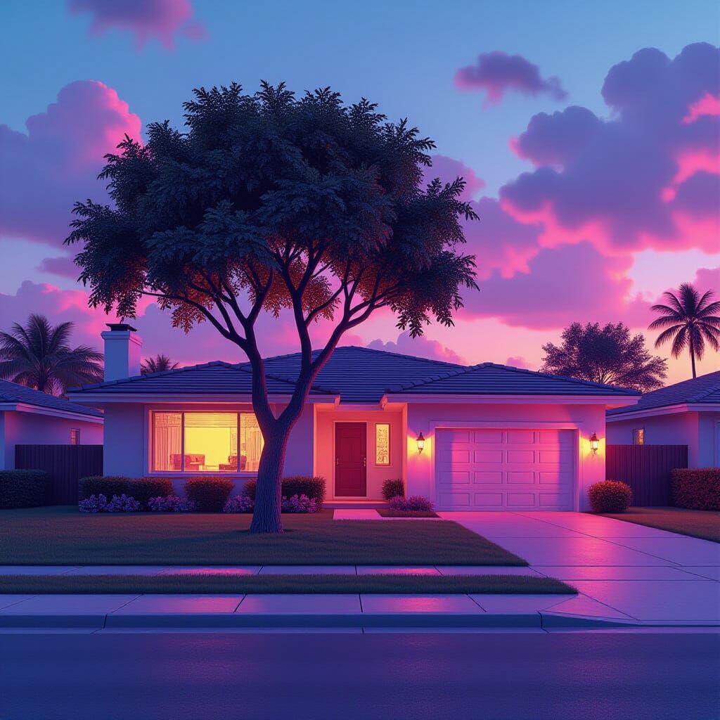 Vaporwave House with Neon Colors on Lawn
