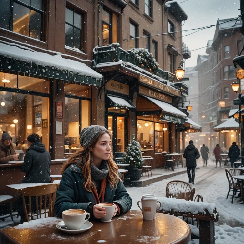 Cozy Cafe Scene in Snowfall, Fantasy Concept Art