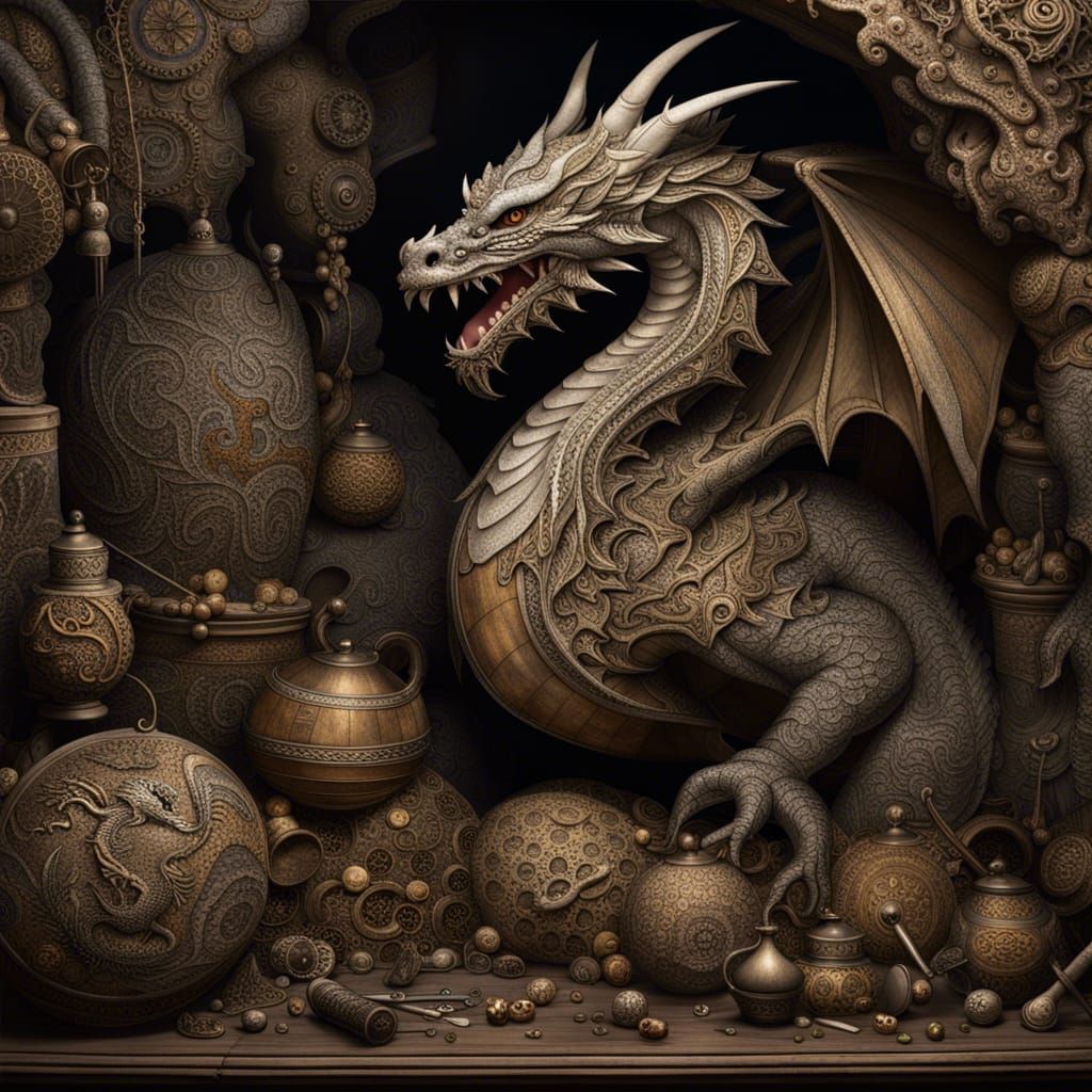 Medieval Dragon Hoarding Treasure in Cave