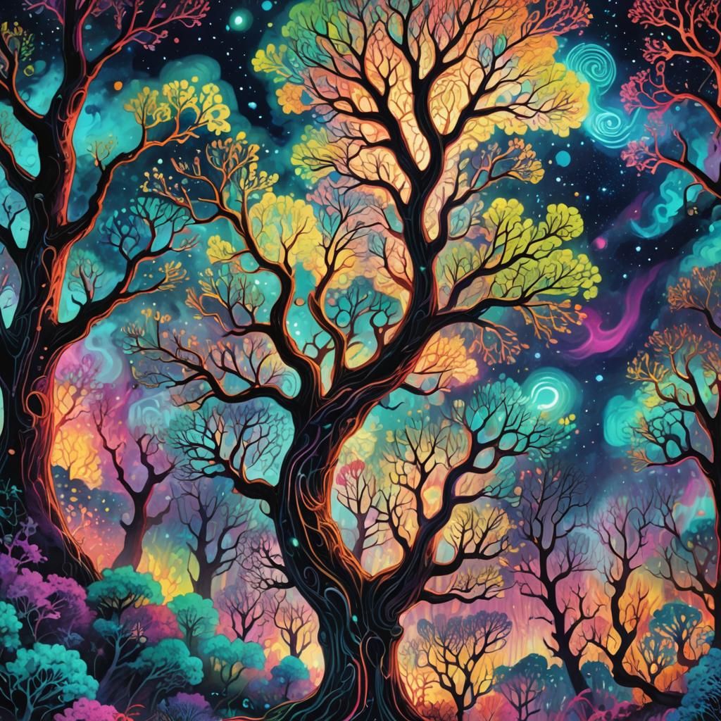 Glowing Cosmic Forest with Astral Clouds