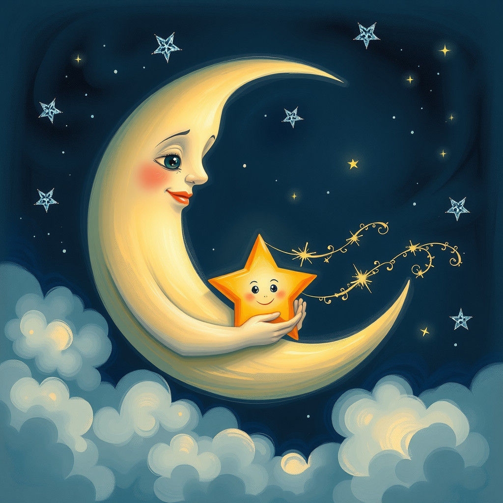 Anthropomorphic Moon Cuddles Star in Ethereal Night Sky