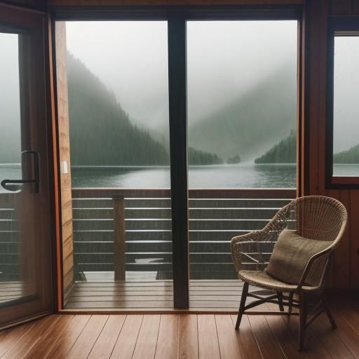 Cozy Lakeside Cabin View on a Rainy Summer Day