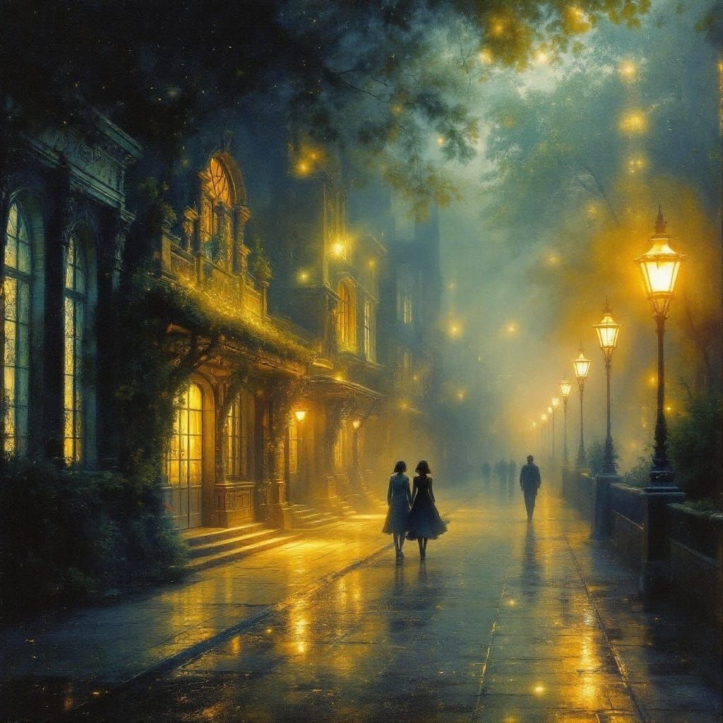 Ethereal Street Scene with Golden Light and Precise Detail