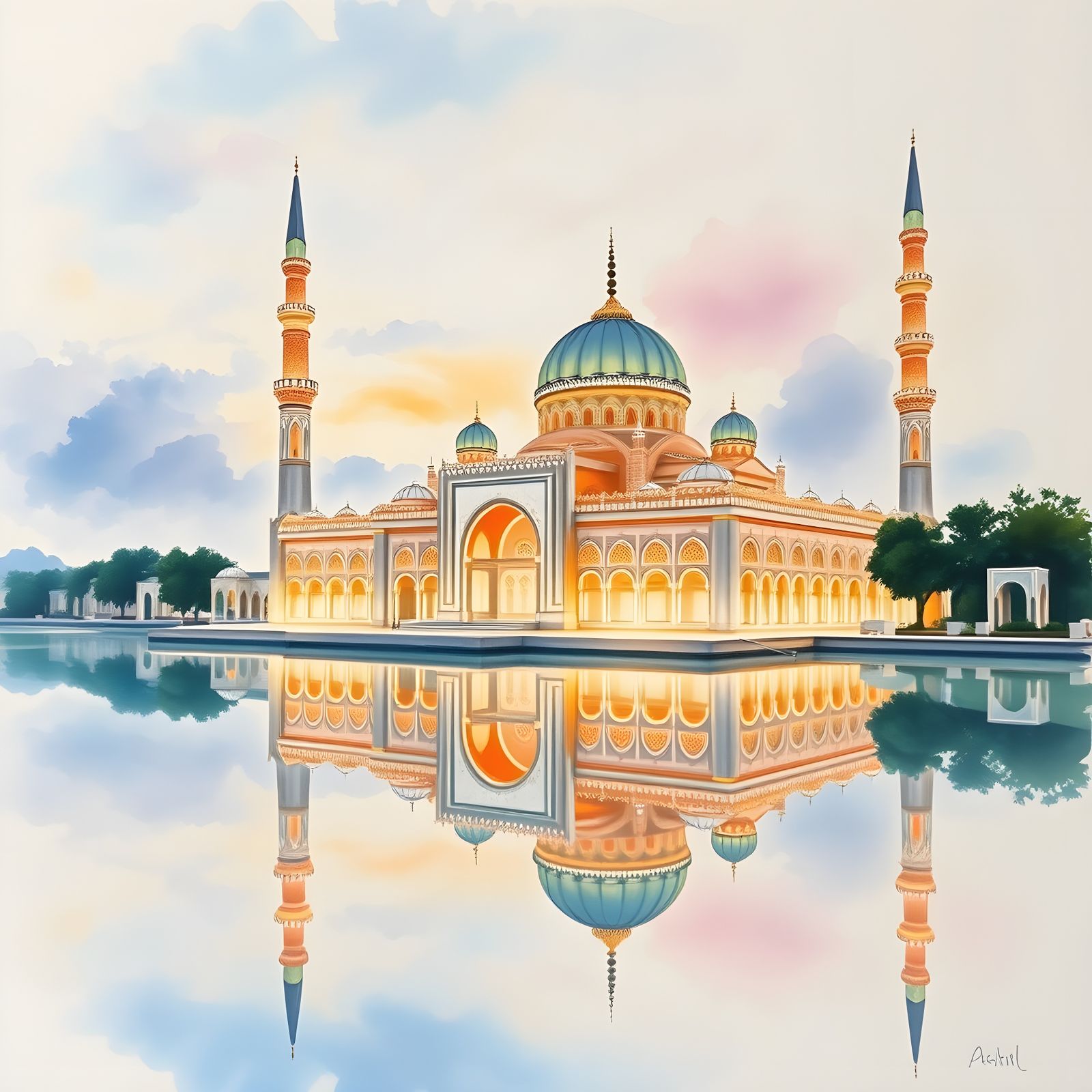 Ornate Mosque in Watercolor Bathed in Twilight