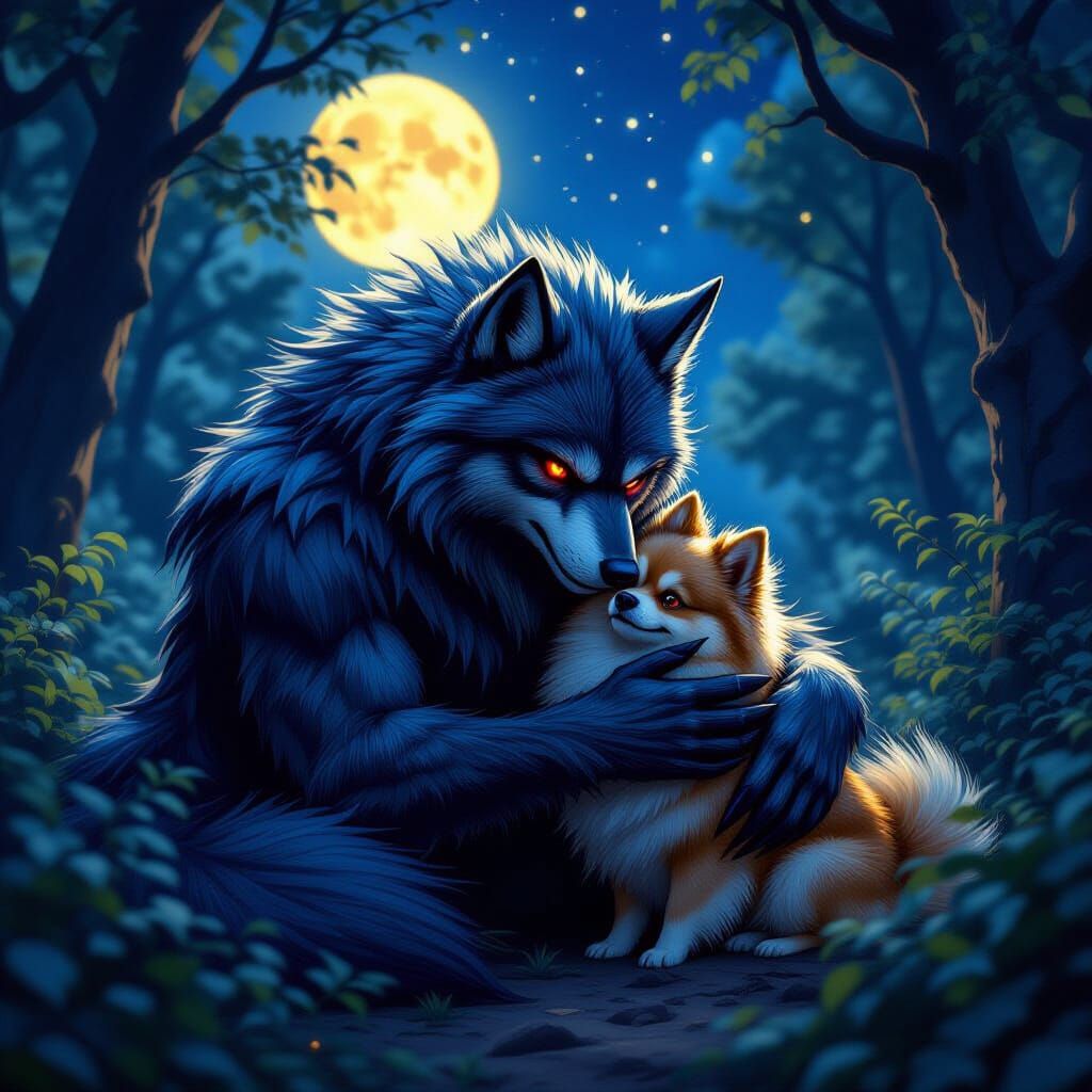 Werewolf Comforts Pomeranian in Dark Fantasy Style