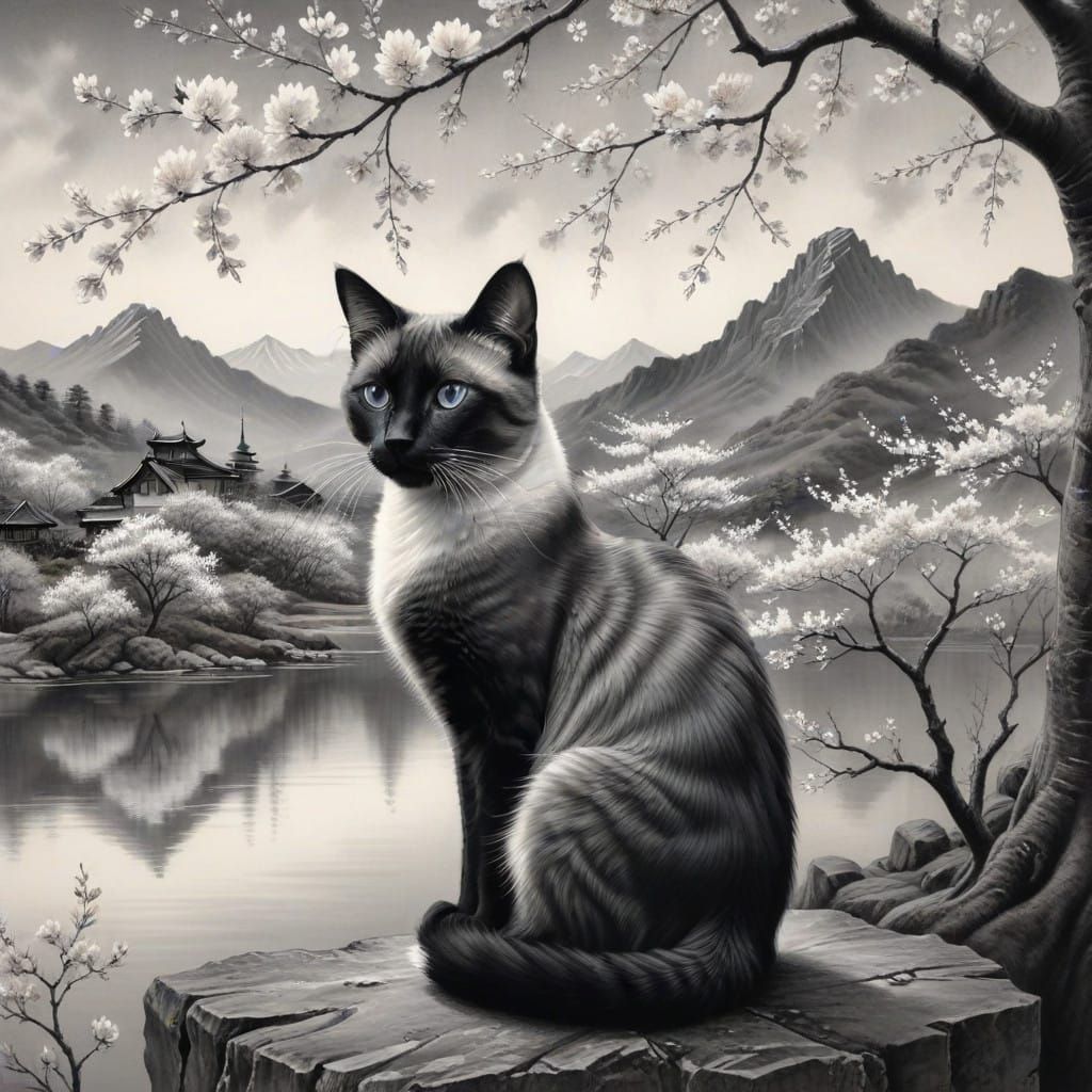 Elegant Siamese Cat in Monochromatic Eastern Landscape