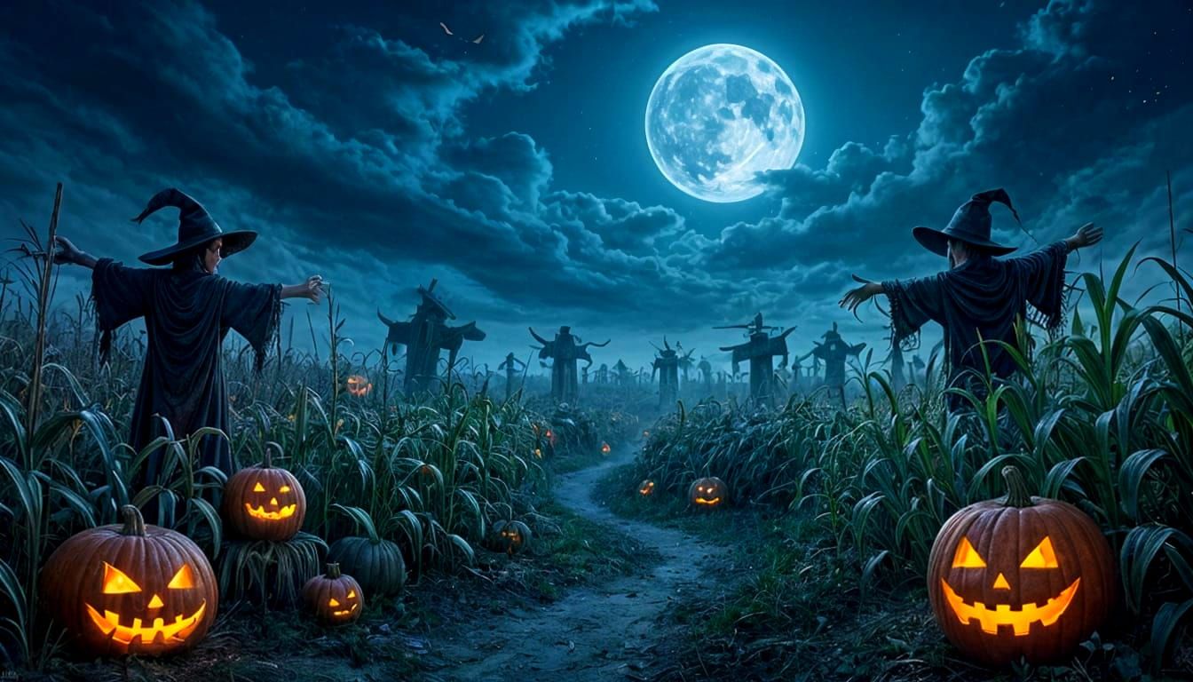 Eerie Haunted Corn Maze with Ghostly Scarecrows and Pumpkins