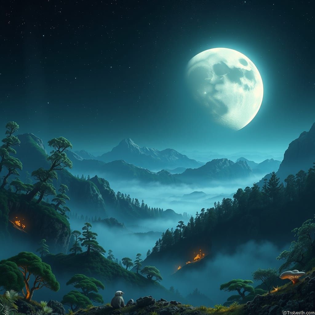 Alien Landscape with Bioluminescent Moon