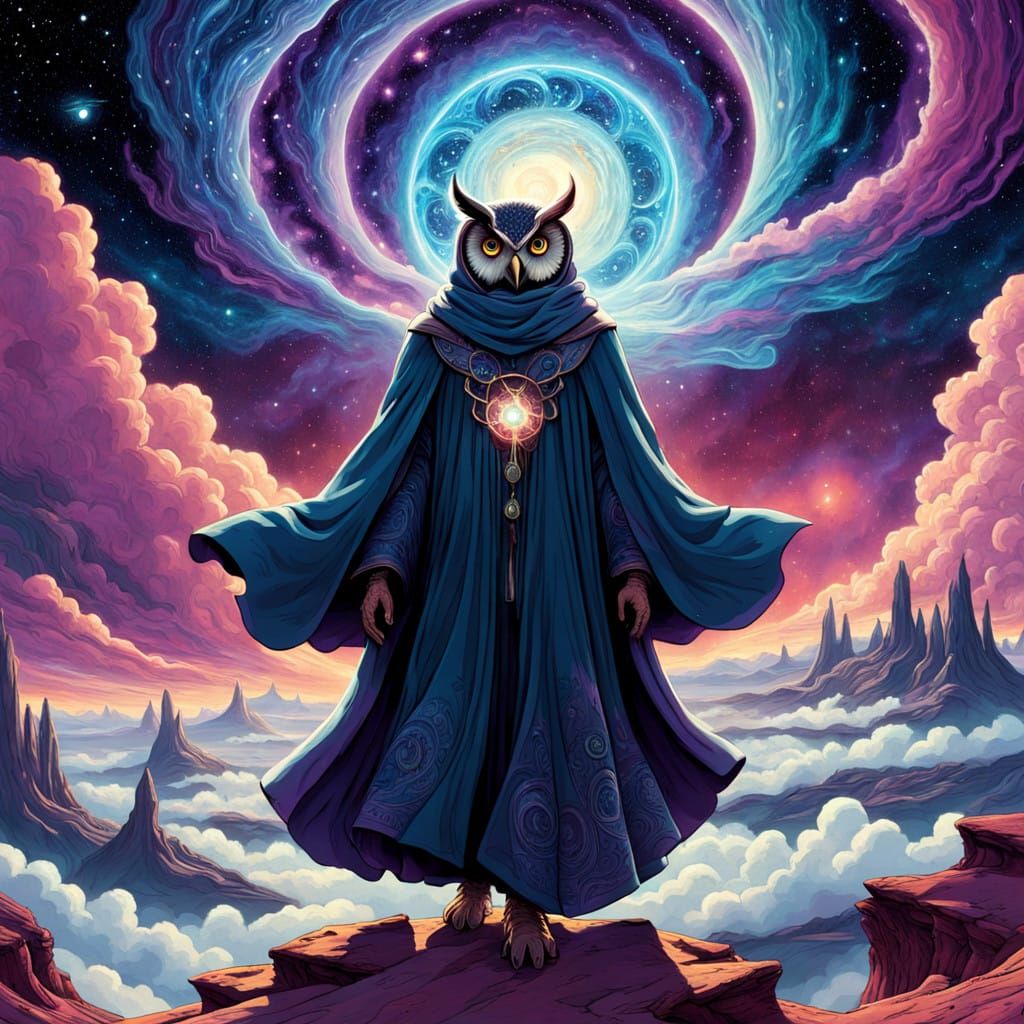 Cosmic Quest for the Majestic Great Owl in Moebius Style