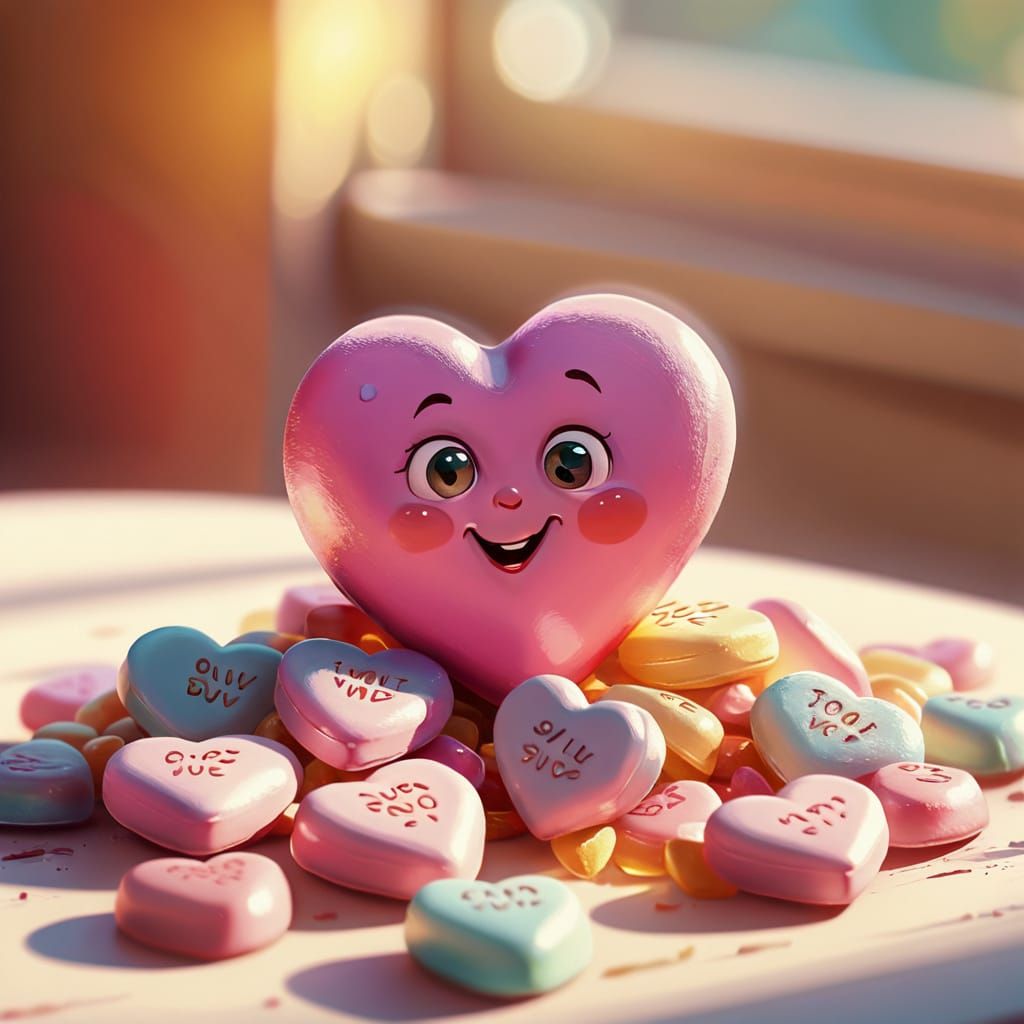 Vibrant Conversation Heart Candy in Whimsical Oil Painting