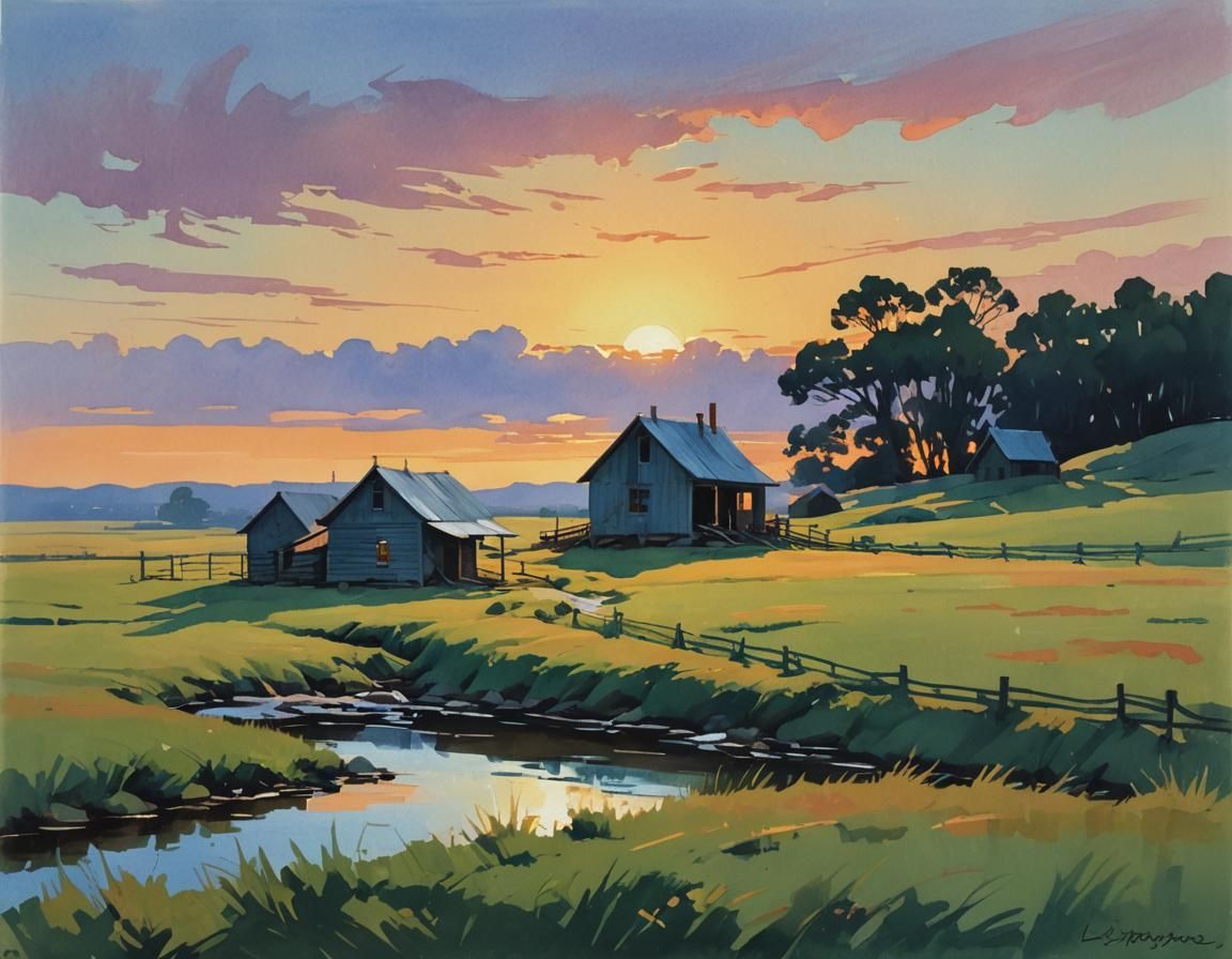 Riverside Shack Gouache Painting in Impressionist Style