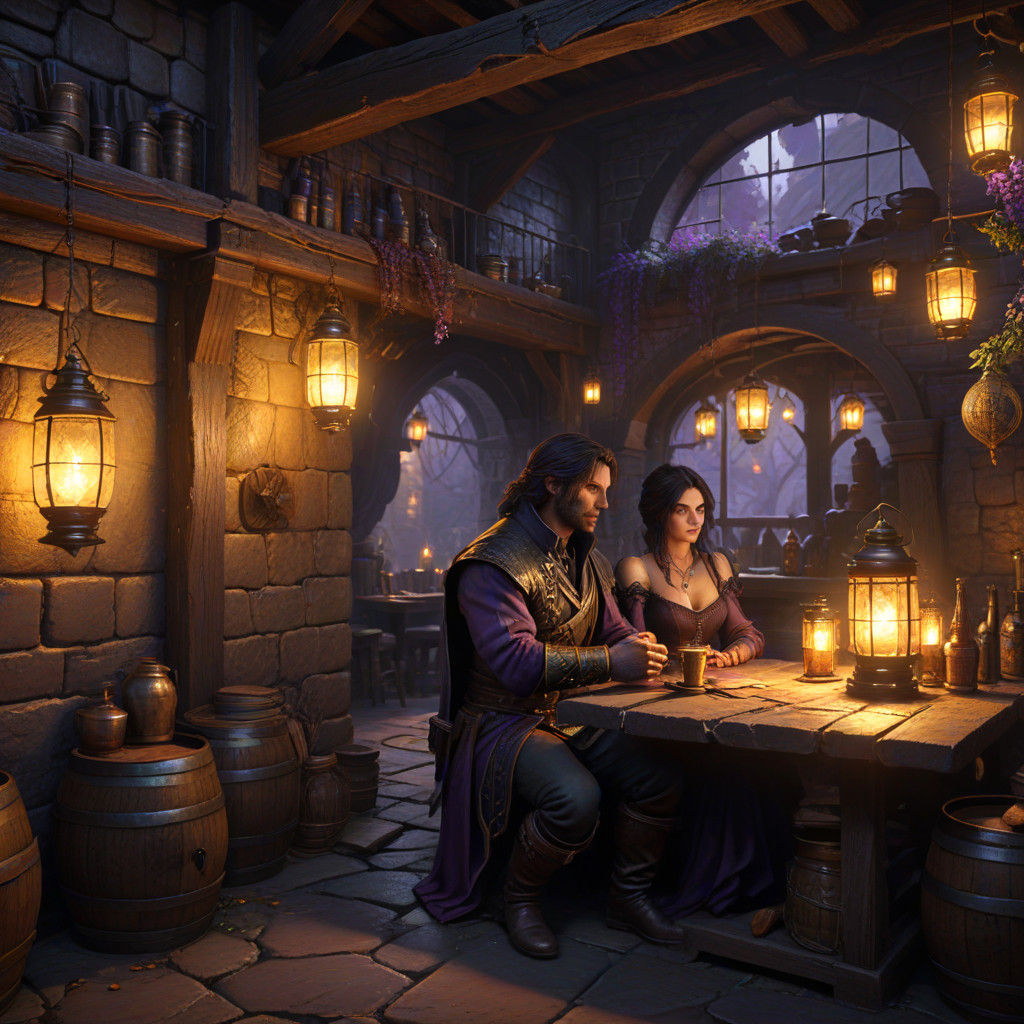 Gerald of Rivia and Yennefer in a Whimsical Tavern
