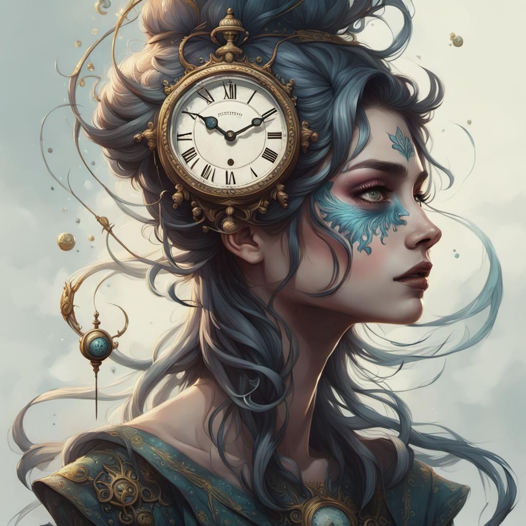 Anime Wonderland Girl with Clock Face Portrait
