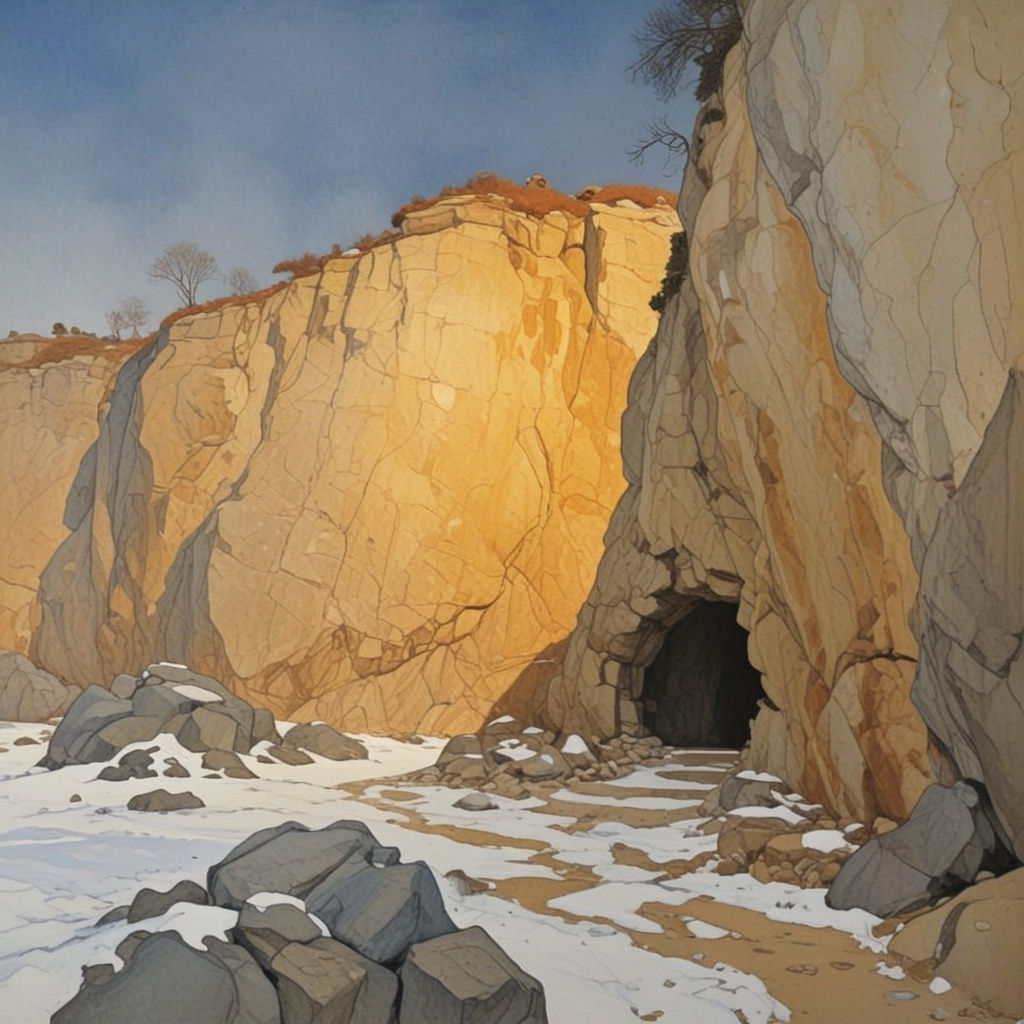 Cave House Entrance in the Style of Moebius and Schiele