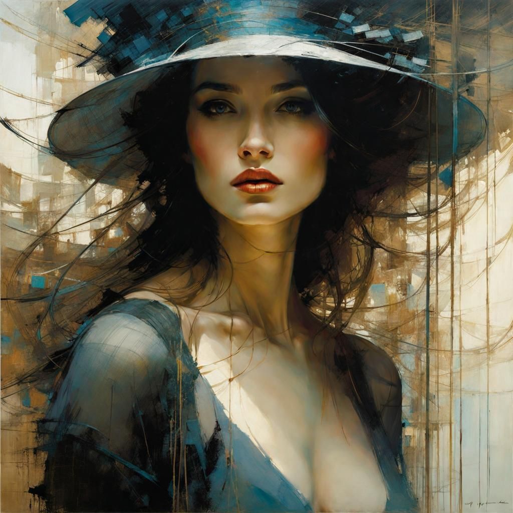 Woman in Crosshatched Structure, Digital Art