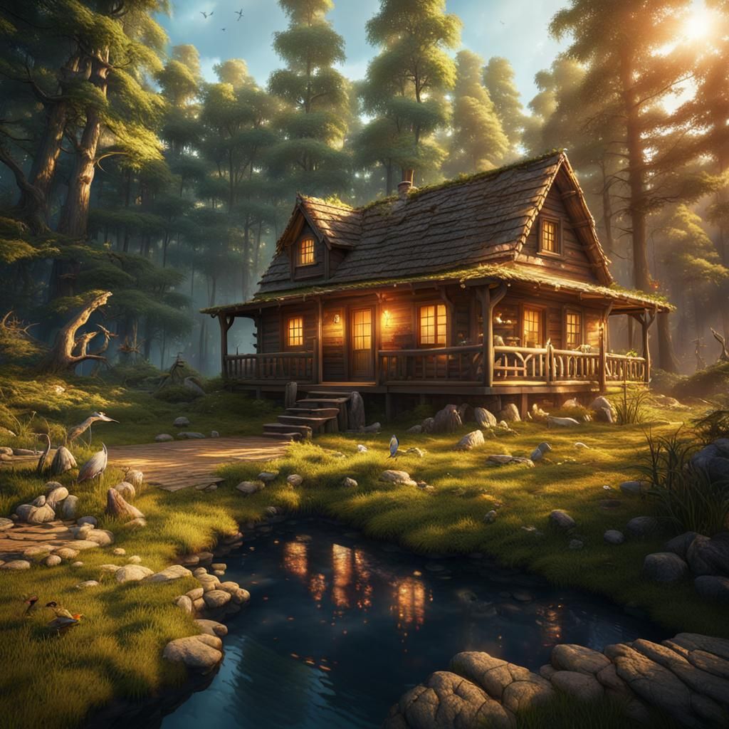 Cabin Home in Majestic Magical Forest: Fantasy Concept Art