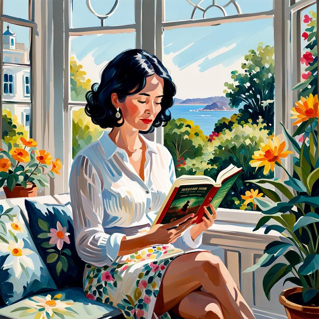 Woman Reading in Sunny Garden: Gouache Watercolor