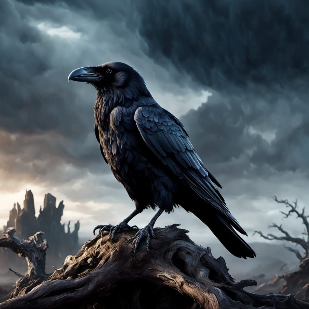 Raven in Stormy Wasteland: Dark Fantasy Painting