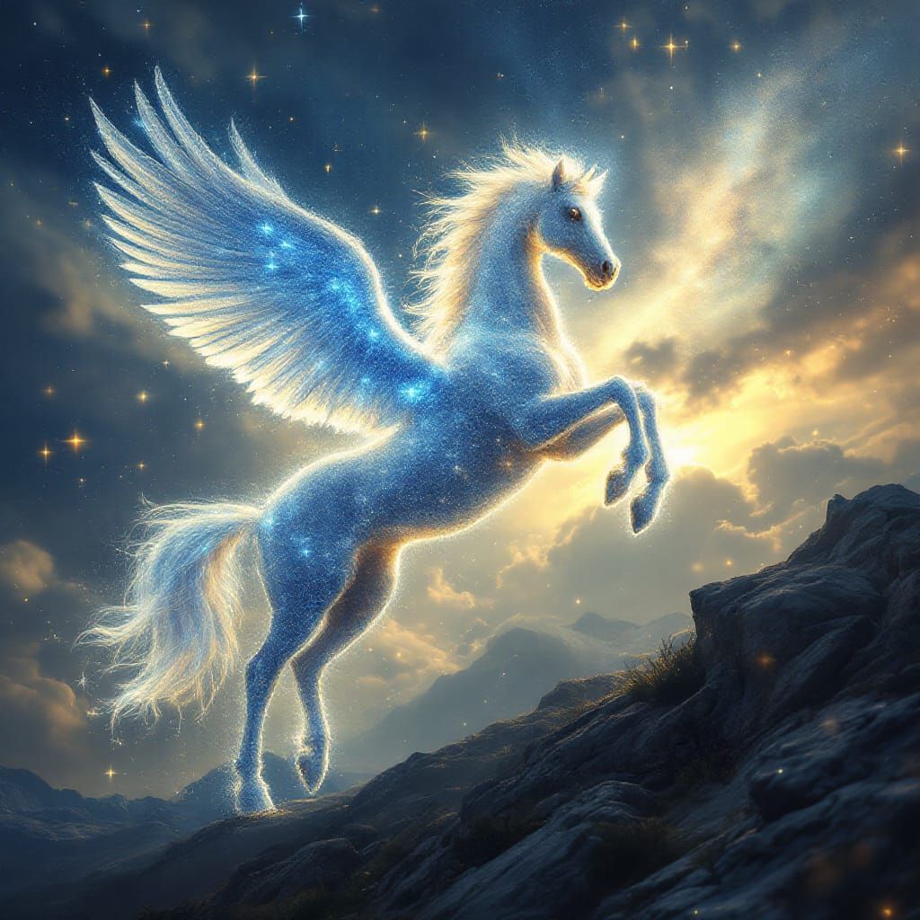 Majestic Pegasus Rearing on Milky Way Background