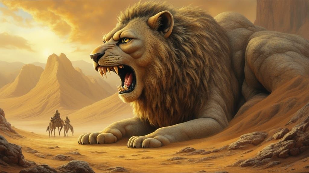 Ancient Stone Lioness Shelter in Gobi Desert Sunset