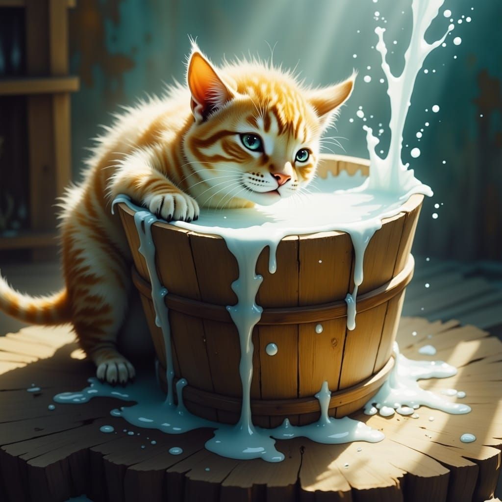 Cat and Milk in Shimmering Surreal Light