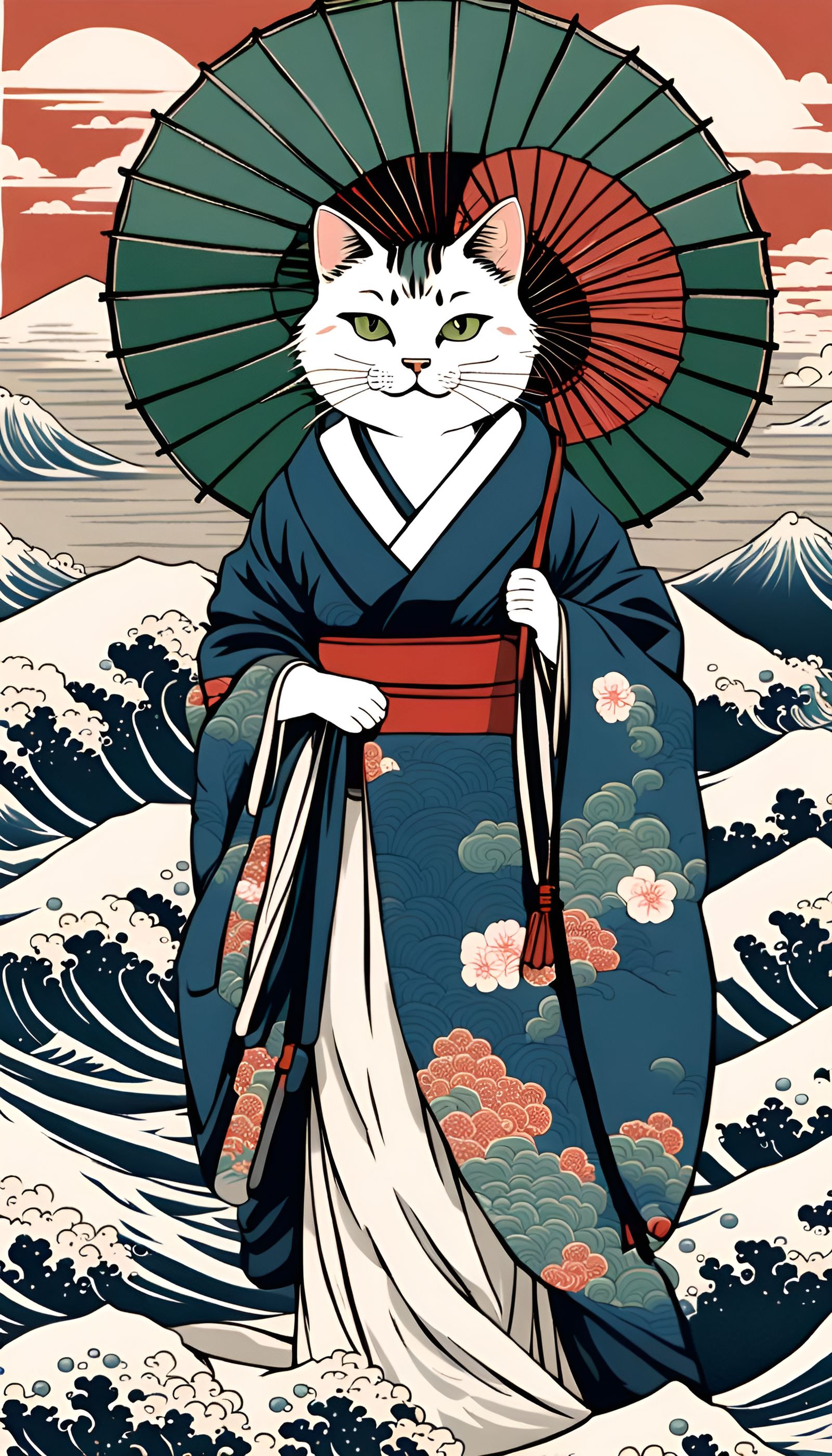 Geisha Cat Illustration in Hokusai Ukiyo-e Style