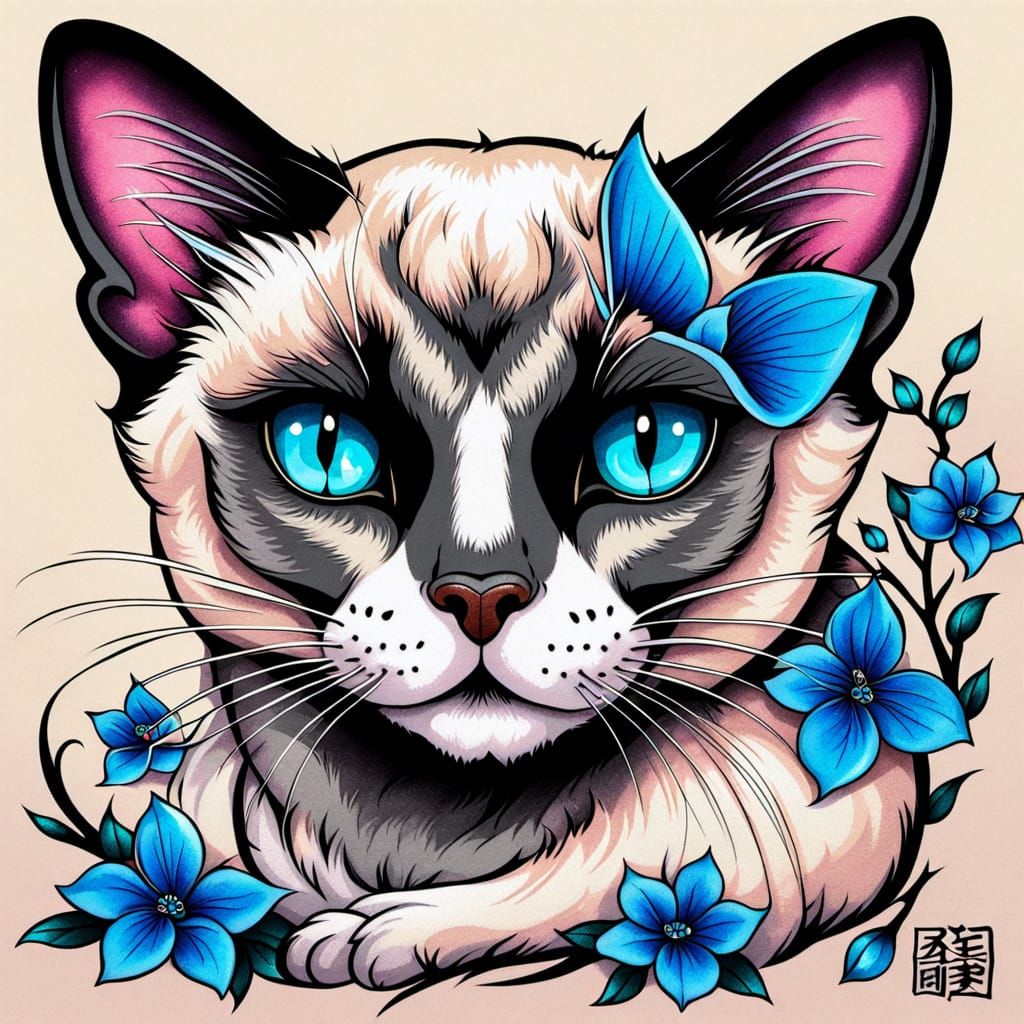 Siamese Cat in Neo-Traditional Tattoo Style