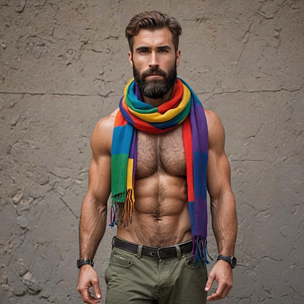 Muscled Bearded Man in Rainbow Scarf