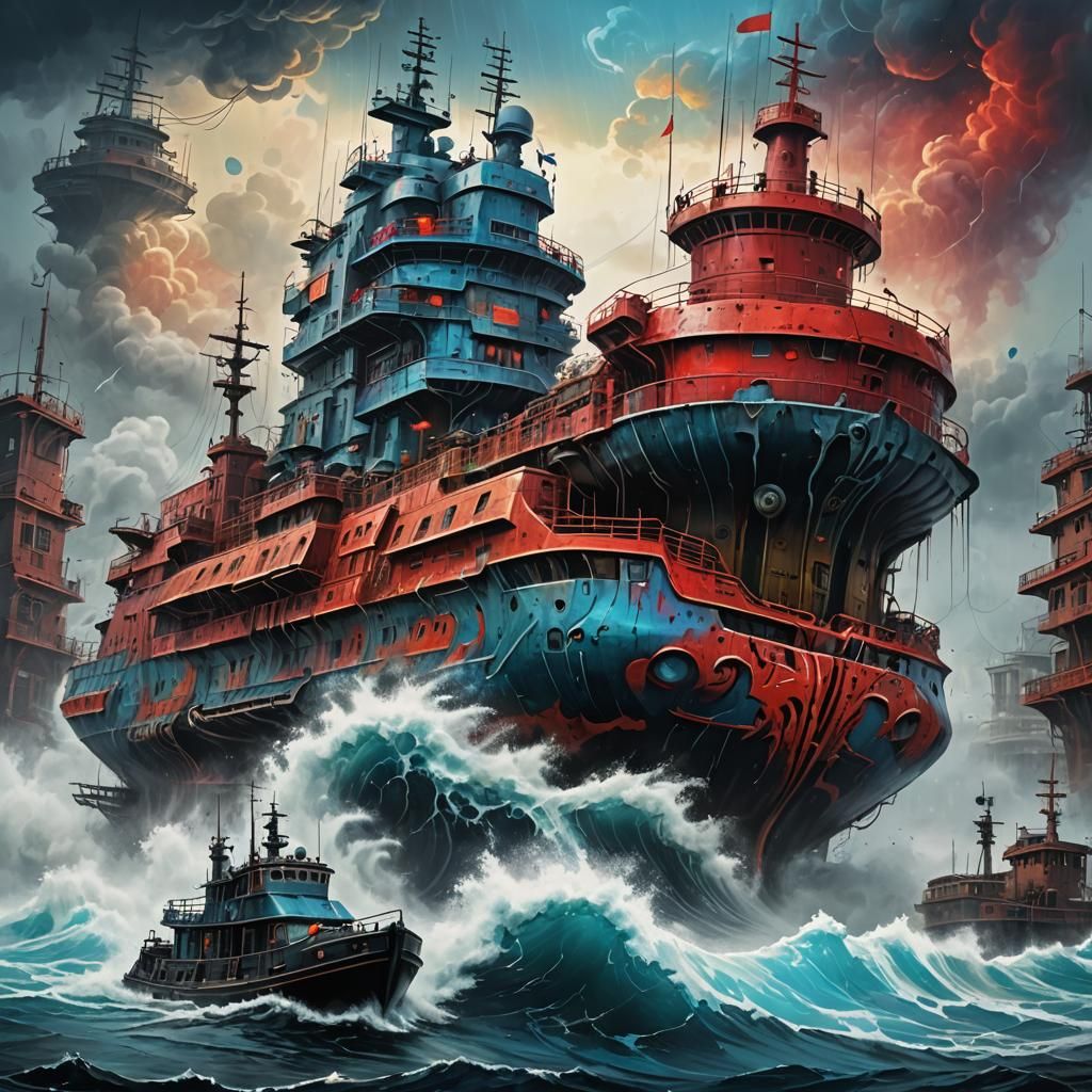 Dystopian Warship Houseboat on a Raging Sea