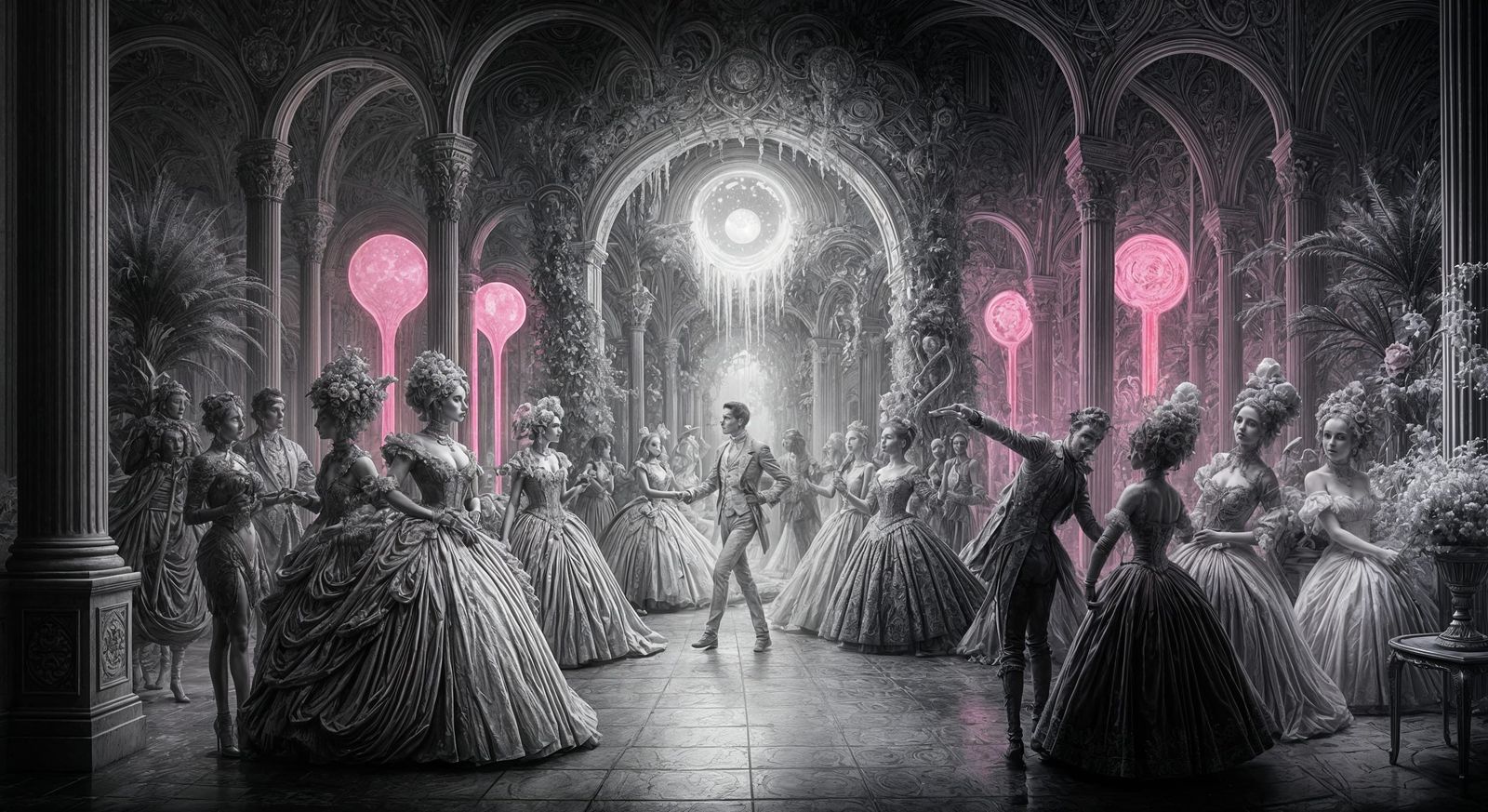 Baroque Ball in Alien Garden: Synthwave Charcoal Drawing