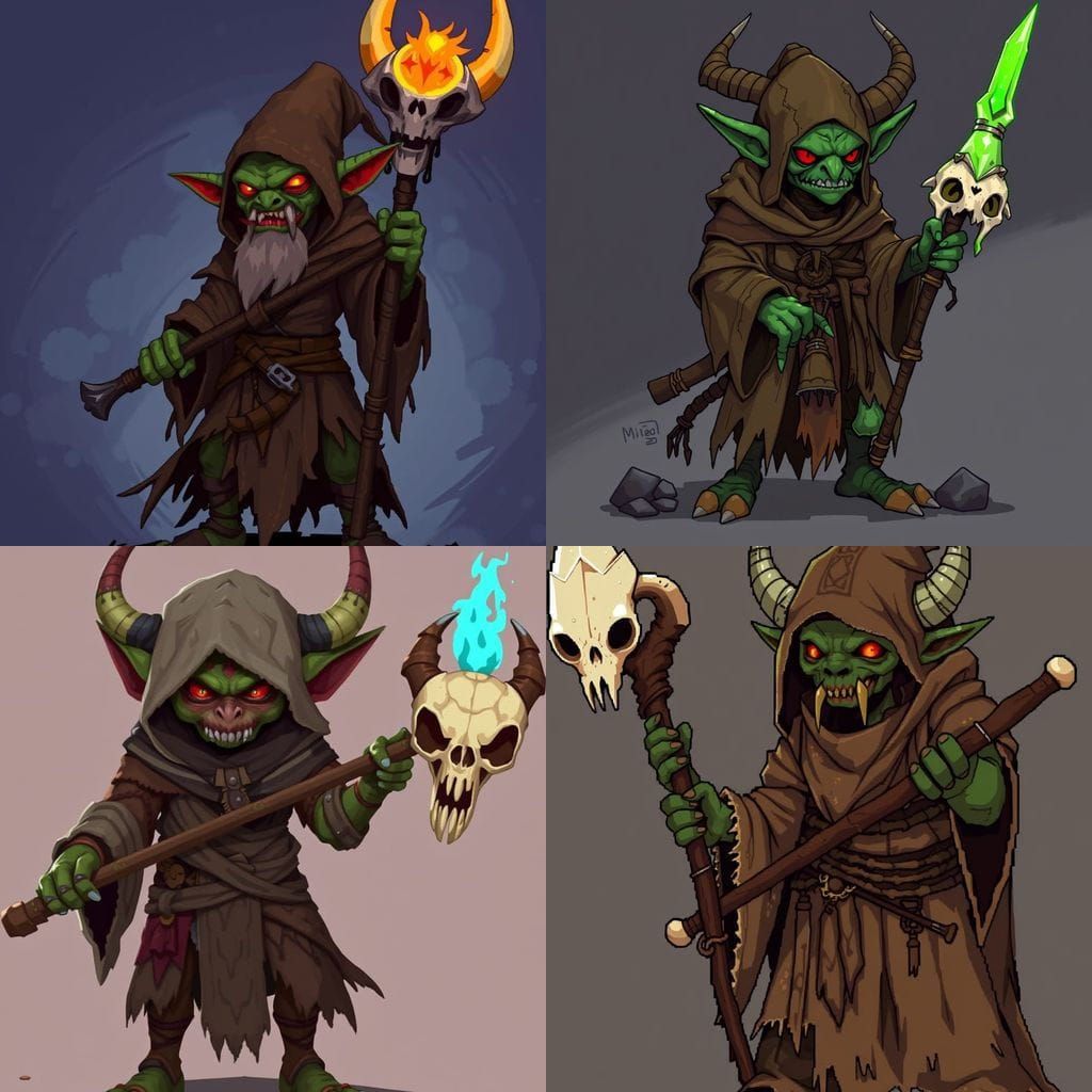 Goblin Shaman in Tattered Robes with Shaman Skull Staff, Ani...