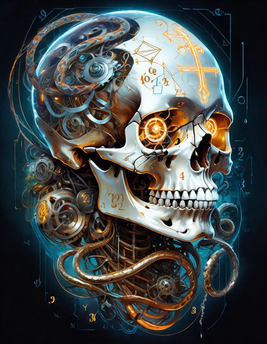 Mechanical Skull with Snakes and Magic Glyphs