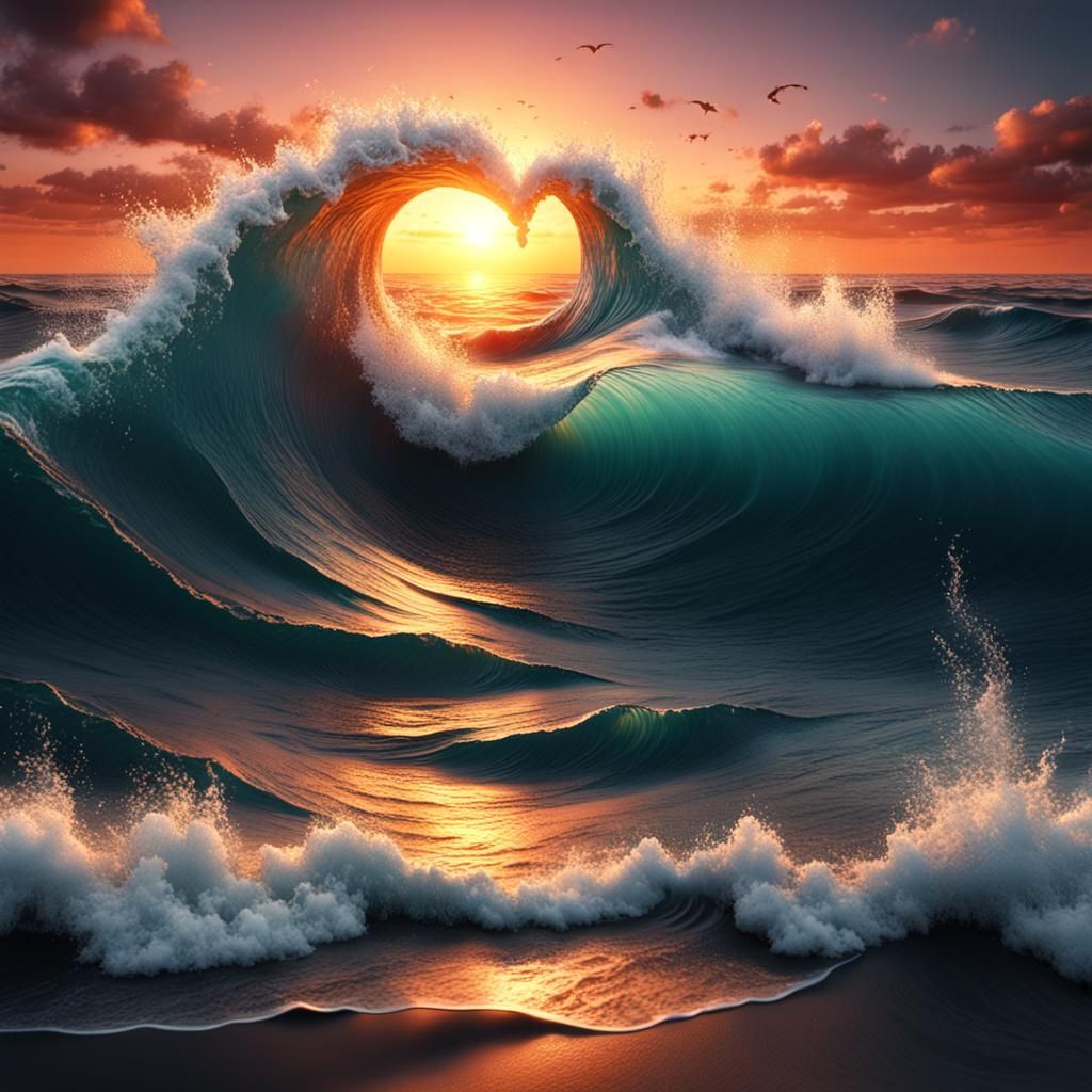 Hyperrealistic Sunset Ocean Waves with Heart
