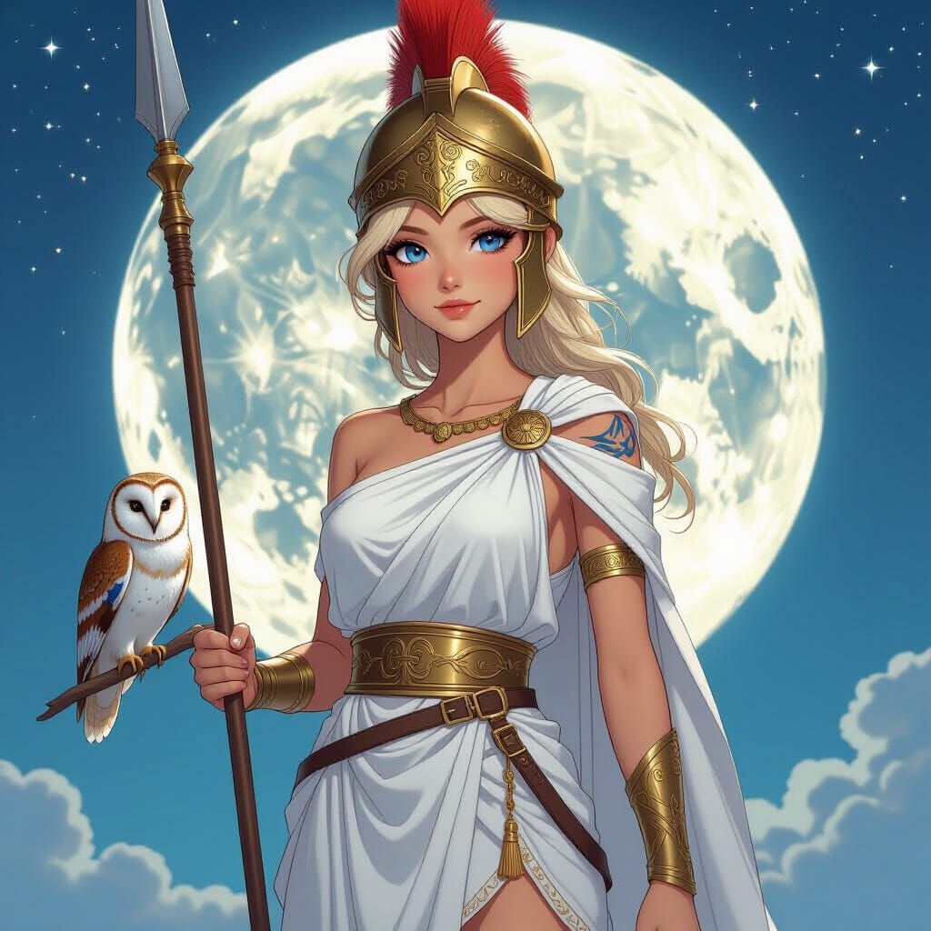 Anime Athena With Wing Tattoo and Owl