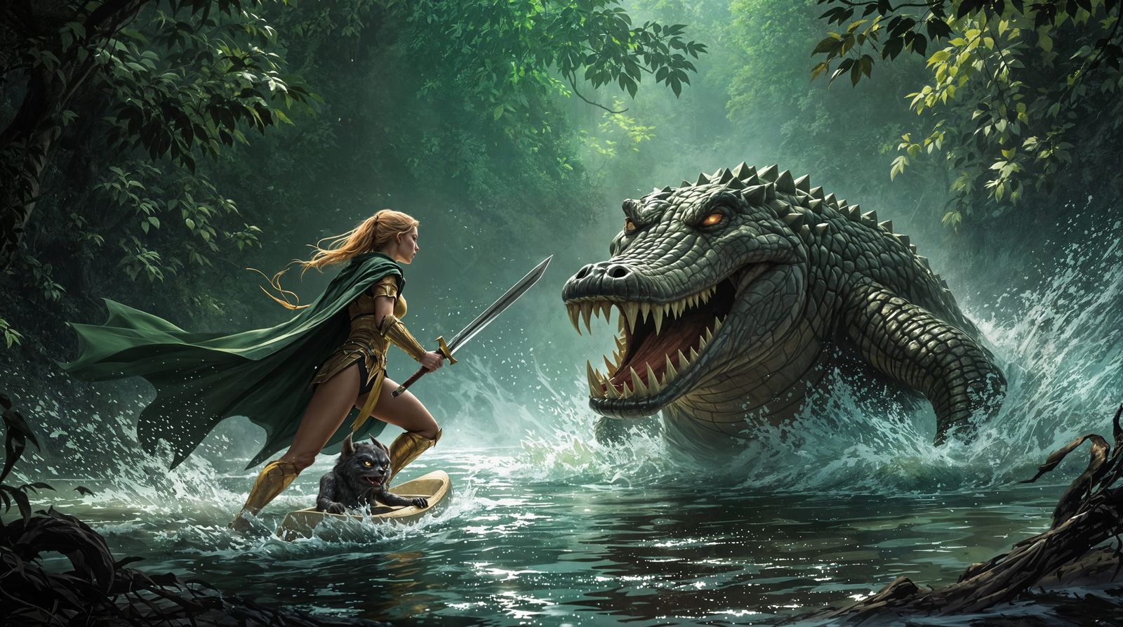 Epic Fantasy Scene in a Misty Forest River