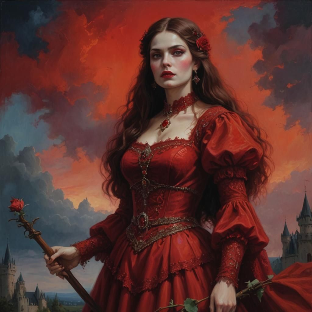 Medieval Vampire in Ruby Red Castle Tower