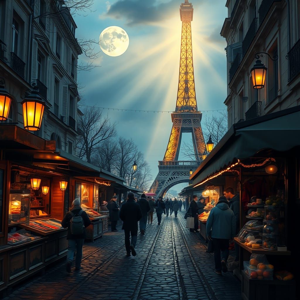 Parisian Street Vendors at Dusk in Impressionist Style