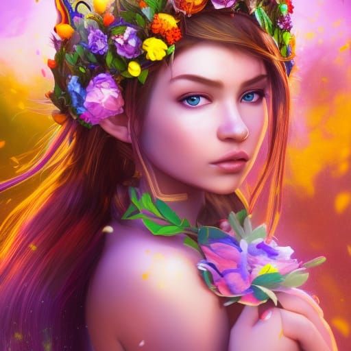 Elf Princess with Flowers: Hyperrealistic Splash Art