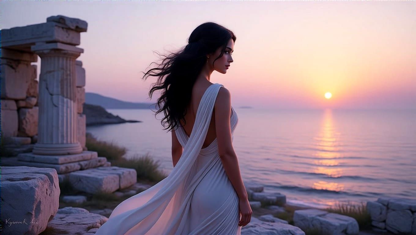 Ethereal Greek Goddess Amidst Ancient Ruins at Sunset