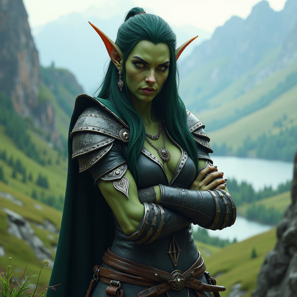 Heroic Orc Woman in Fantasy Landscape