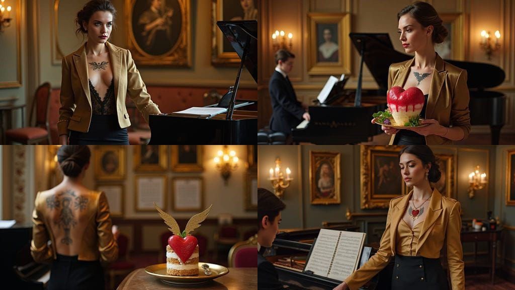 Elegant Rehearsal Room Scene with Woman and Pianist