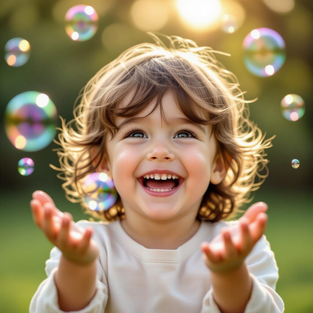 Child Laughing While Catching Soap Bubbles in Sunlight