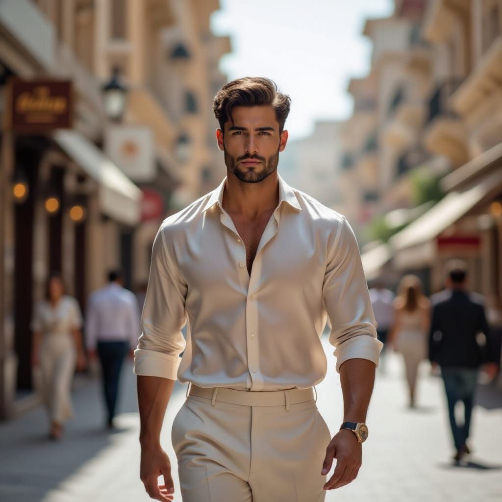 Elegant Arab Man in Silk, Urban Cinematic Scene