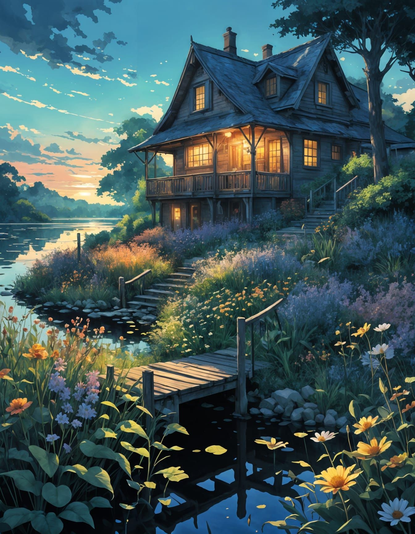 Impressionistic Wildflower Garden at Golden Hour