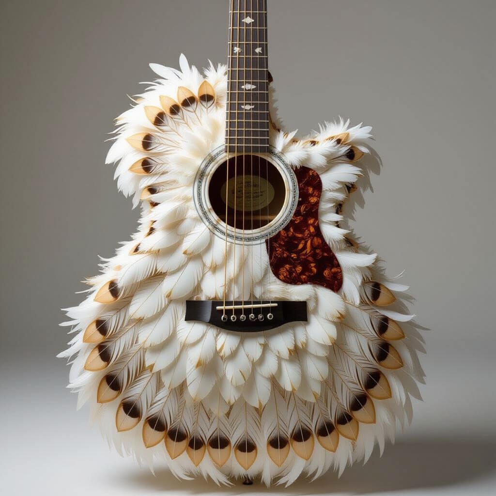 A guitar made entirely of feathers