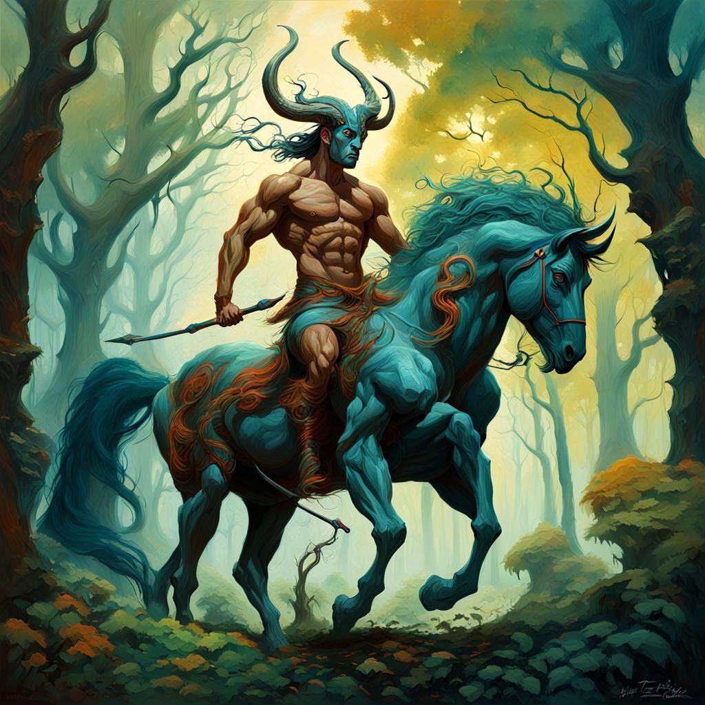 Dynamic Centaur in Lush Forest, Acrylic Painting