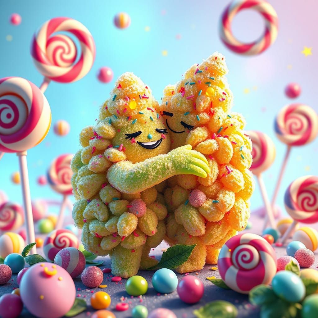 Sugary Weed Nuggets Embrace in Candyland: Digital Illustrati...