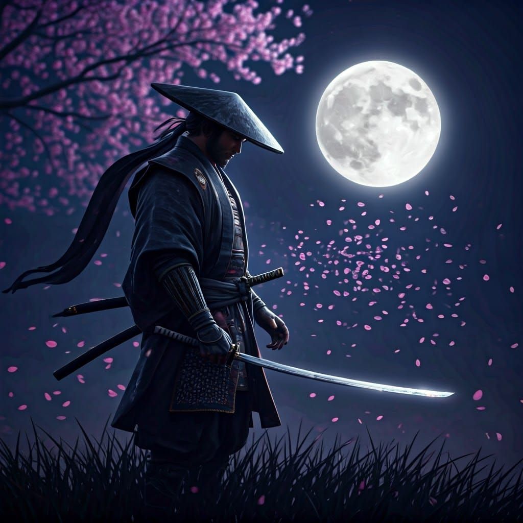 Samurai in Field with Katana and Moon