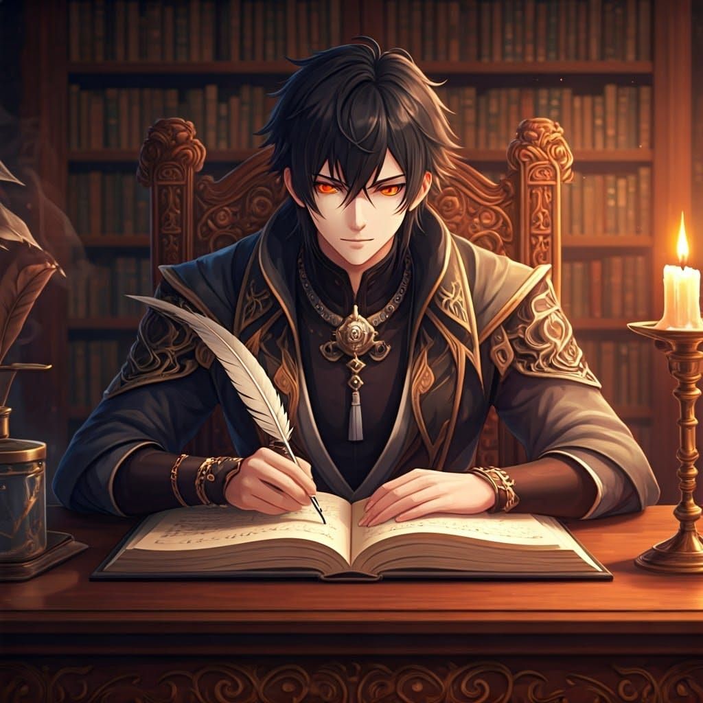 Anime Sorcerer Writes Stories in Mystical Study