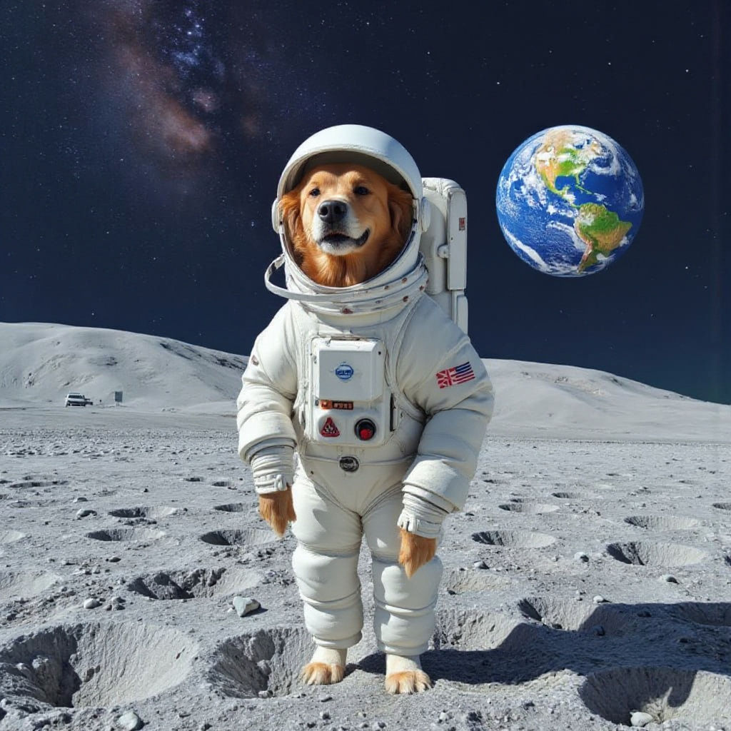 Dog Astronaut on the Moon in Stylized Realism
